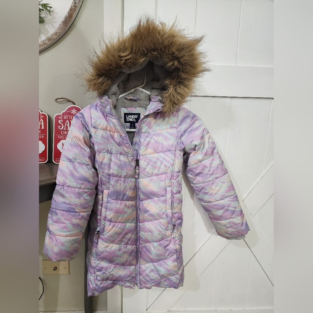 Lands End Girls Long Fleece Lined Parka Coat Small 6 7